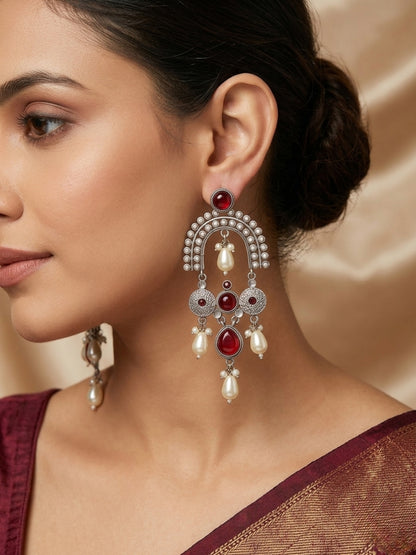 Ruby Red Stone & Pearl Embellished Oxidised Chandbali Statement Earrings