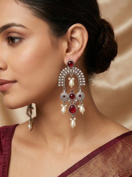Ruby Red Stone & Pearl Embellished Oxidised Chandbali Statement Earrings