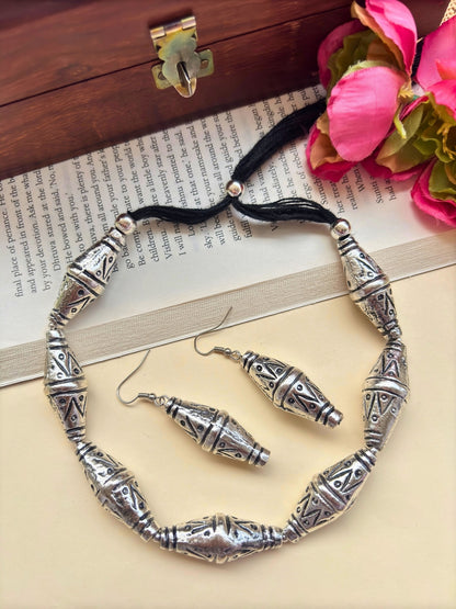 VIVAZS Oxidised Silver Statement Choker Jewellery Set