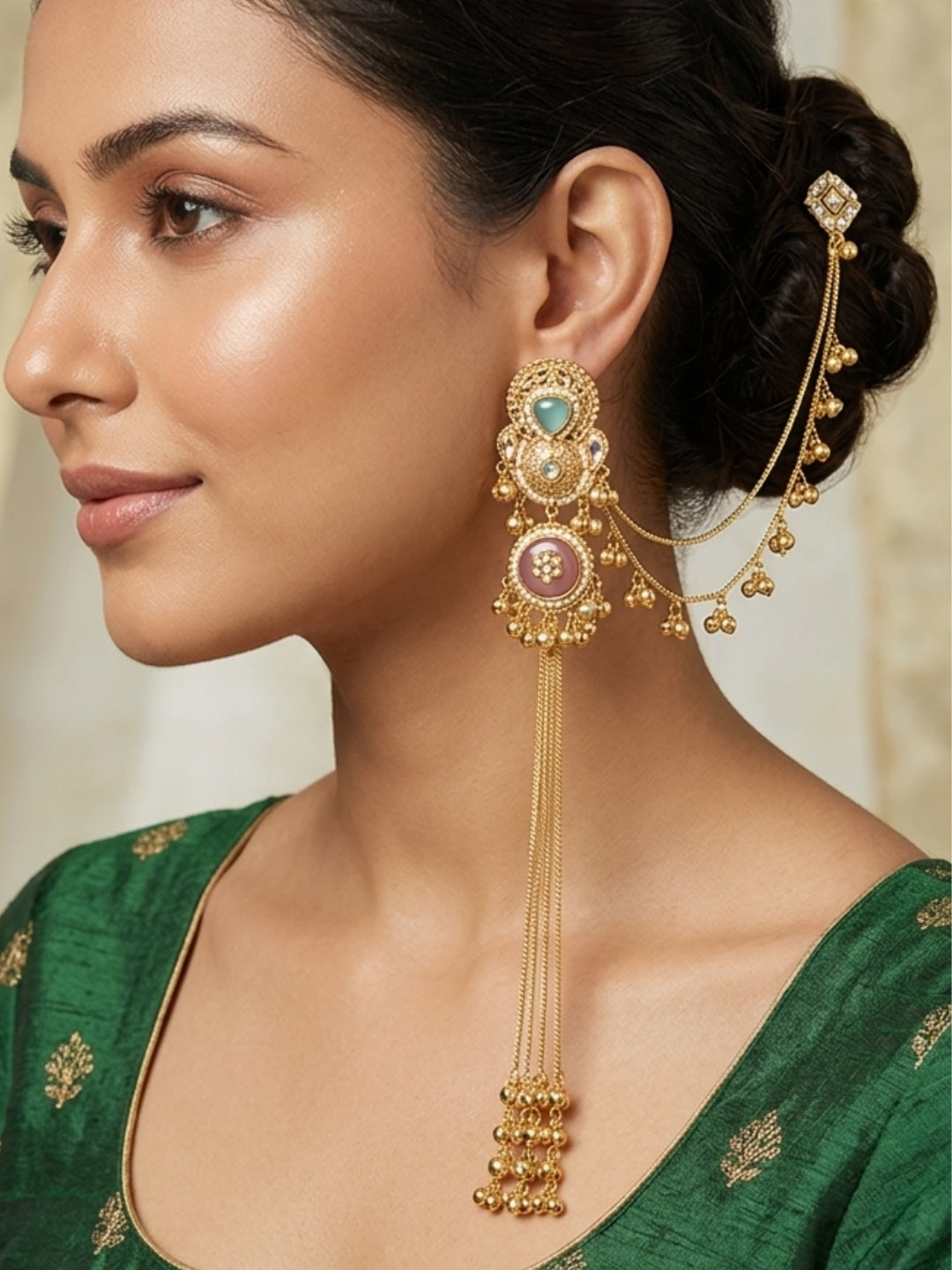 Set Of 2 Gold-Plated Peacock Shaped Kundan & Ghungaroo Studded Kashmiri Drop Earrings