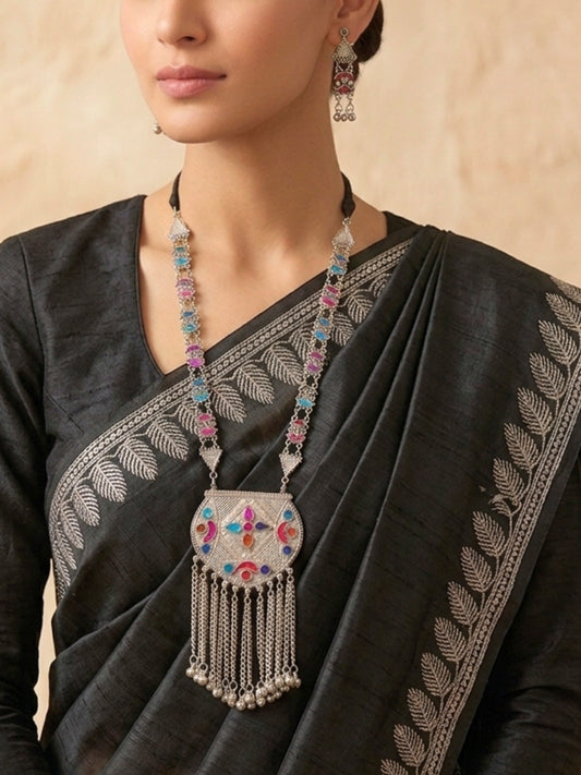 Women Oxidised Silver-Plated Multicolour Stone Studded Long Pendant Necklace Jewellery Set