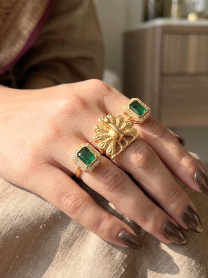 Gold-Plated Green AD stones Studded & Peacock shaped Adjustable Statement Finger Ring