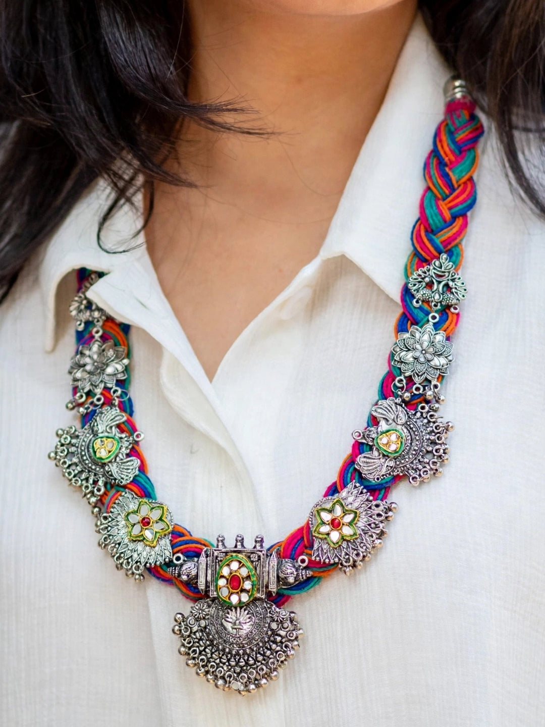 German Silver Floral & Peacock Charm Statement Bohemian Meenakari Multi Jute Necklace