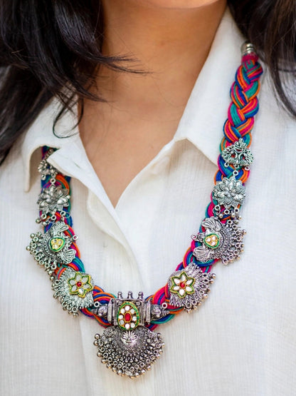 German Silver Floral & Peacock Charm Statement Bohemian Meenakari Multi Jute Necklace