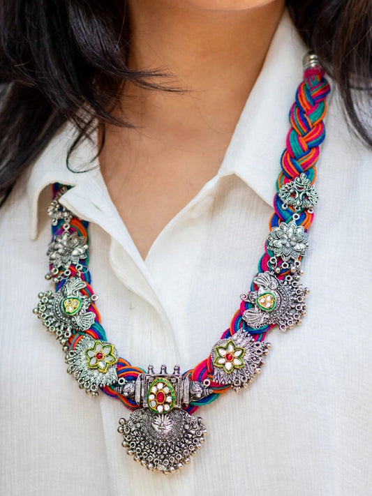 German Silver Floral & Peacock Charm Statement Bohemian Meenakari Multi Jute Necklace