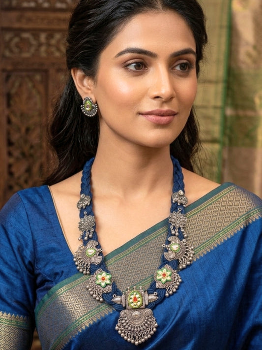 Oxidised Silver plated Floral & Peacock Charm Statement Bohemian Jute Necklace