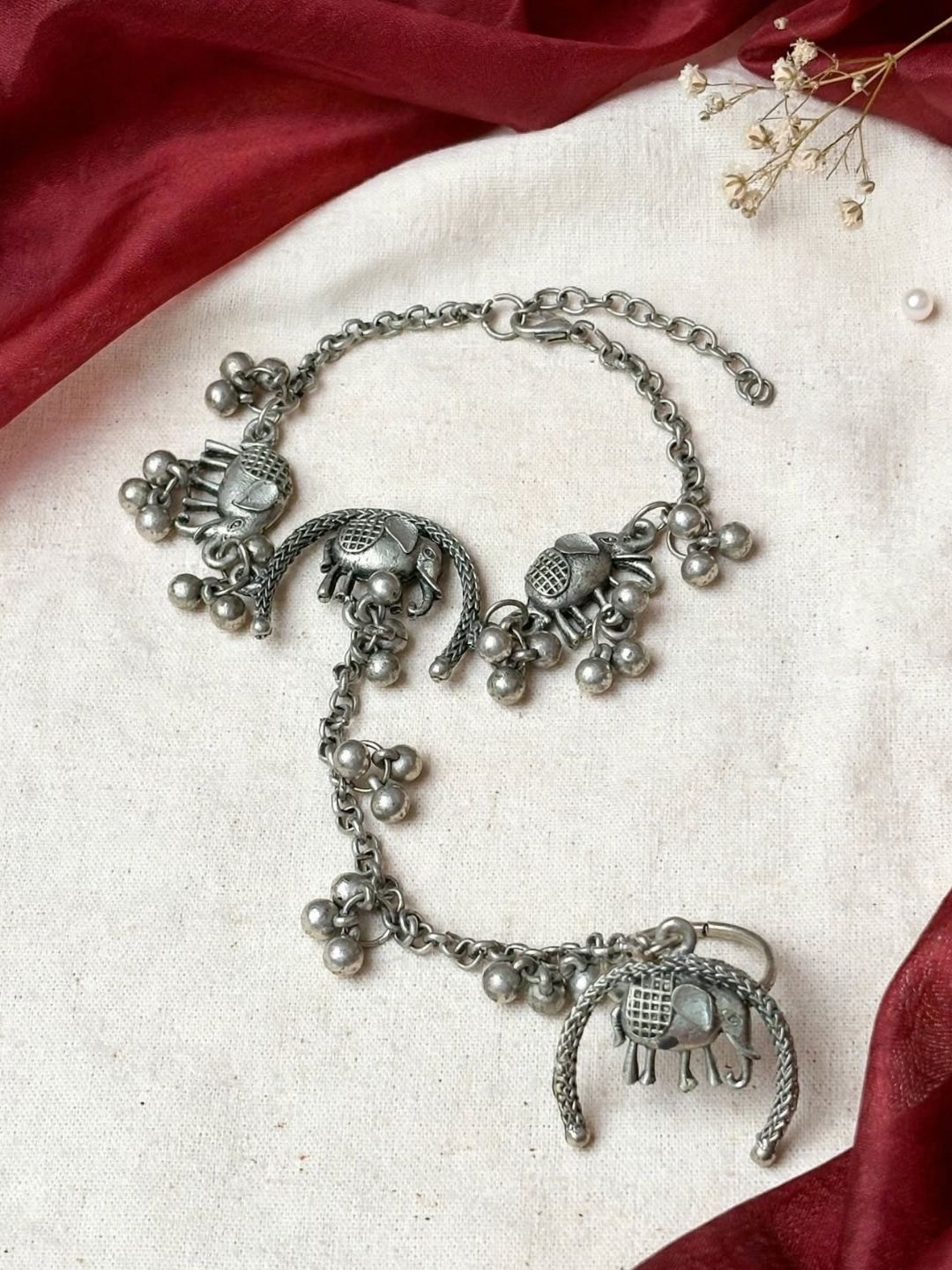 Oxidised Silver-Plated Elephant Haath Phool Hand Harness Bracelet