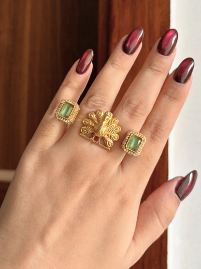Gold-Plated Green AD stones Studded & Peacock shaped Adjustable Statement Finger Ring