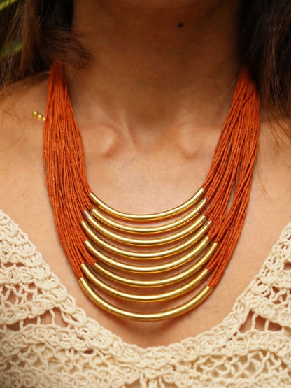 Gold-Plated Oxidised Statement Orange Thread Layered Jute Necklace