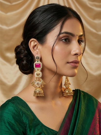 Gold-Toned Kundan & Pink Stone Embellished Pearl Jhumka Drop Earrings