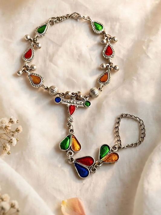 Oxidised Silver-Plated Multicolour Teardrop Stone Haath Phool Hand Harness Bracelet