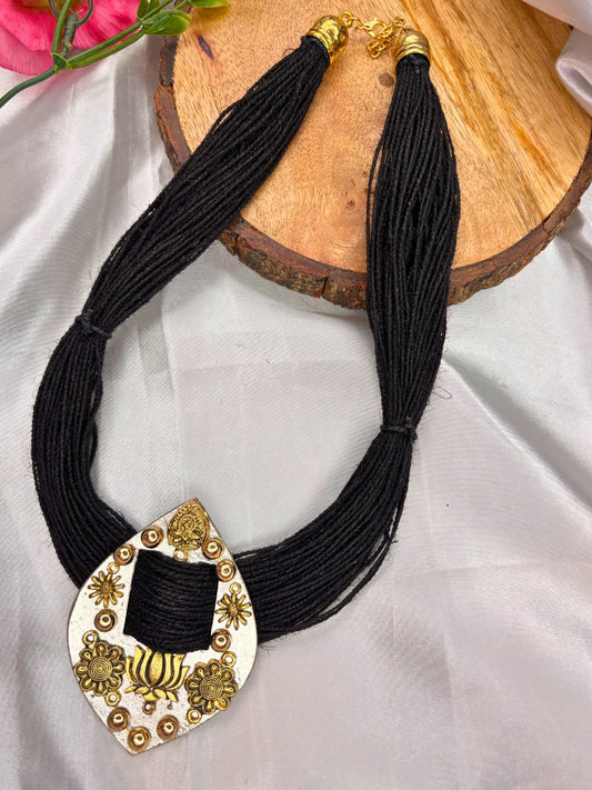 Gold-Plated Oxidised Statement Black Thread Jute Necklace