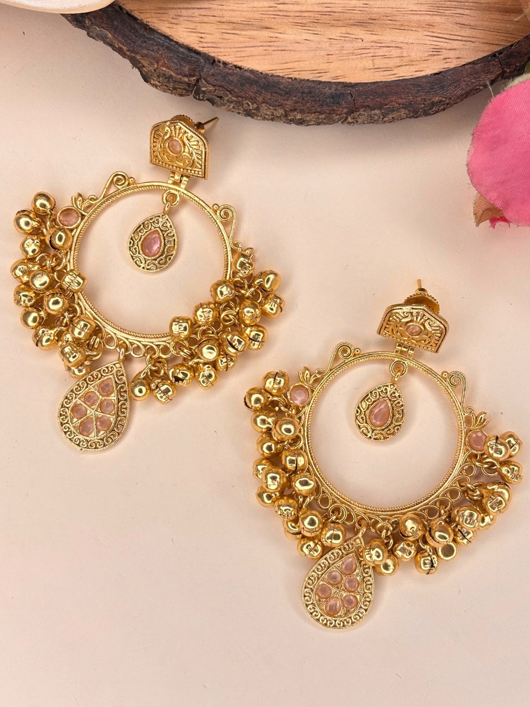 Gold-Plated Pink Kundan Ghungroo Statement Earrings