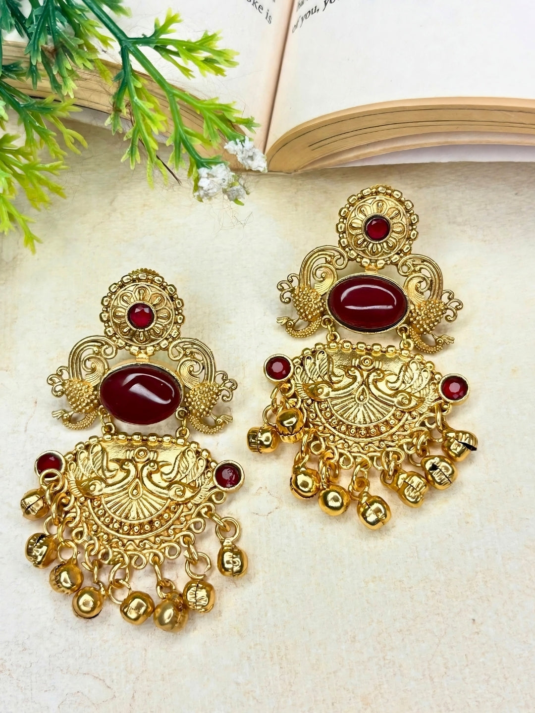 Gold-Plated Stone-Studded Peacock Motif Dangler Earrings