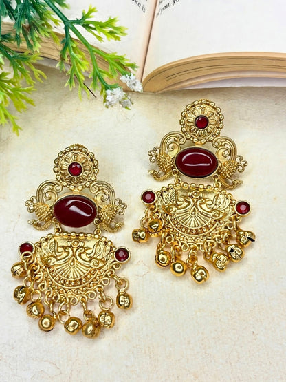 Gold-Plated Stone-Studded Peacock Motif Dangler Earrings