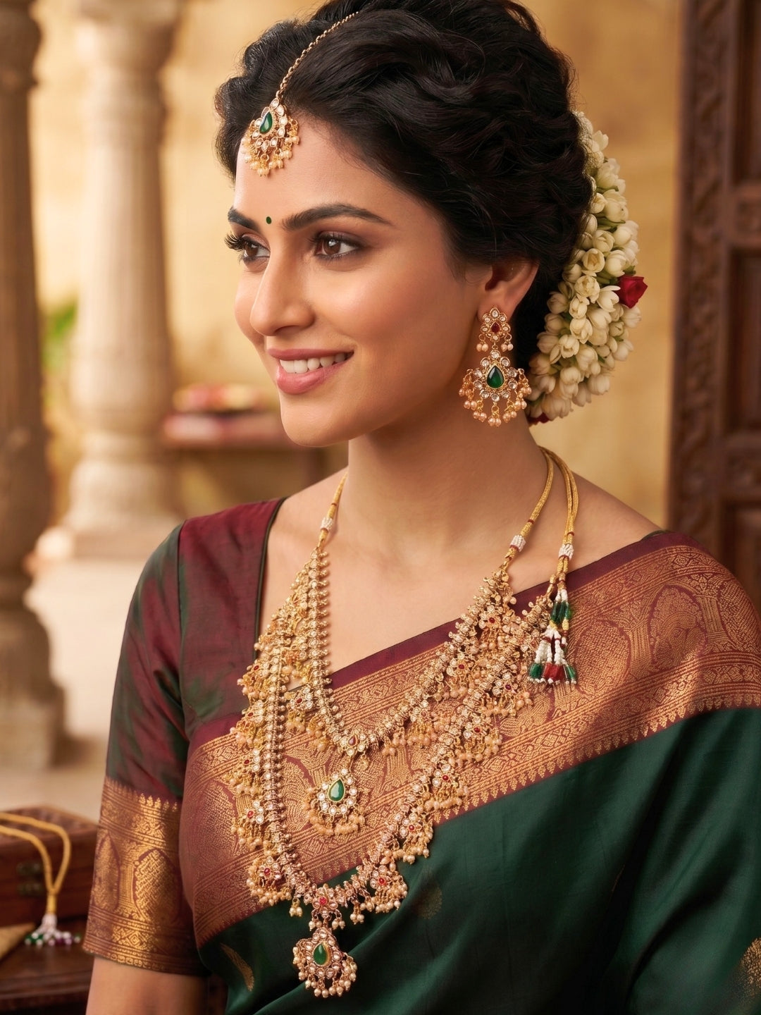 Gold-Plated Kundan & Emerald Green Traditional Bridal Guttapusalu Jewellery Set