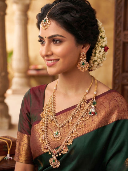 Gold-Plated Kundan & Emerald Green Traditional Bridal Guttapusalu Jewellery Set