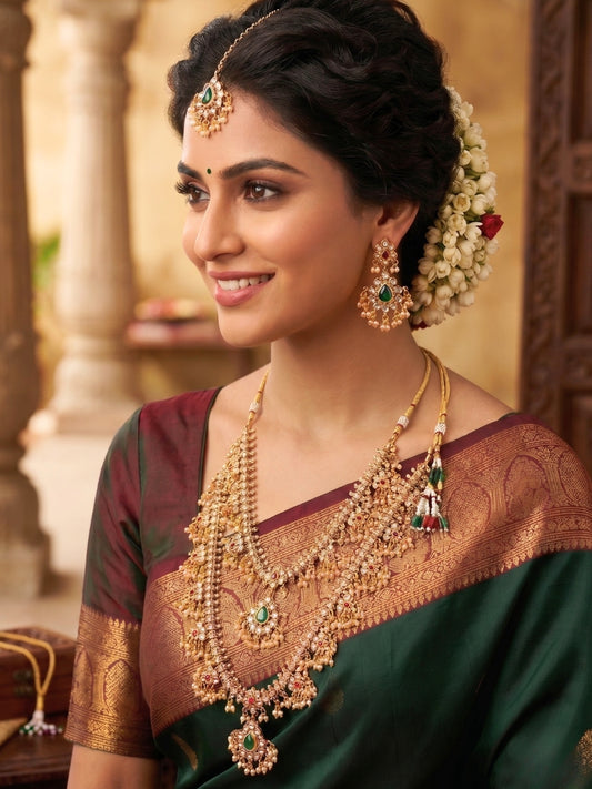 Gold-Plated Kundan & Emerald Green Traditional Bridal Guttapusalu Jewellery Set
