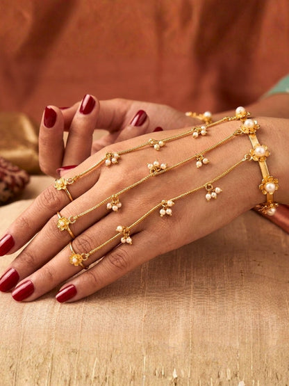 Gold-Plated Pearls Studded Ghungaroo Hath Phool  Kashmiri Ring Bracelet set