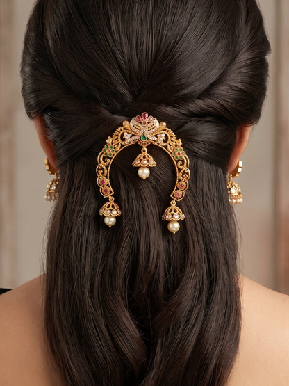 Gold-Plated Kundan and AD Pearl Embellished Traditional Hair Juda Pin