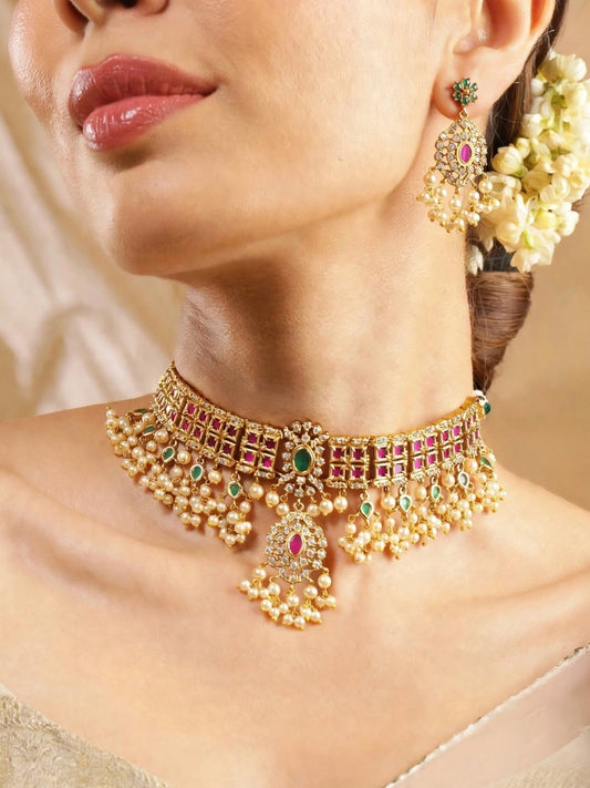 Gold-Plated Ruby, Emerald & Cubic Zirconia Studded Choker Set with Pearl Beads