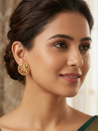 Gold-Plated Floral Pink Stone Embellished Round Stud Earrings
