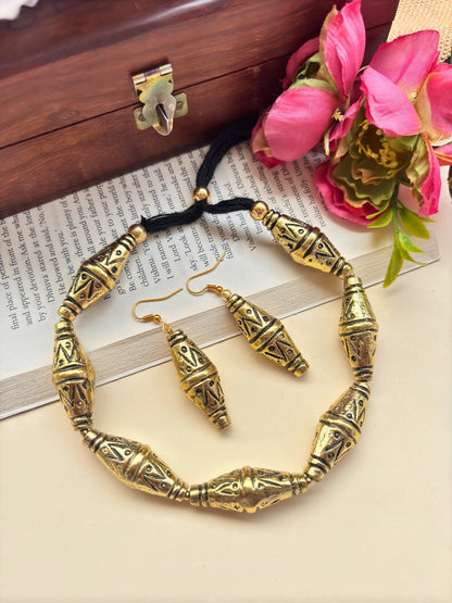 VIVAZS Oxidised Silver Statement Choker Jewellery Set