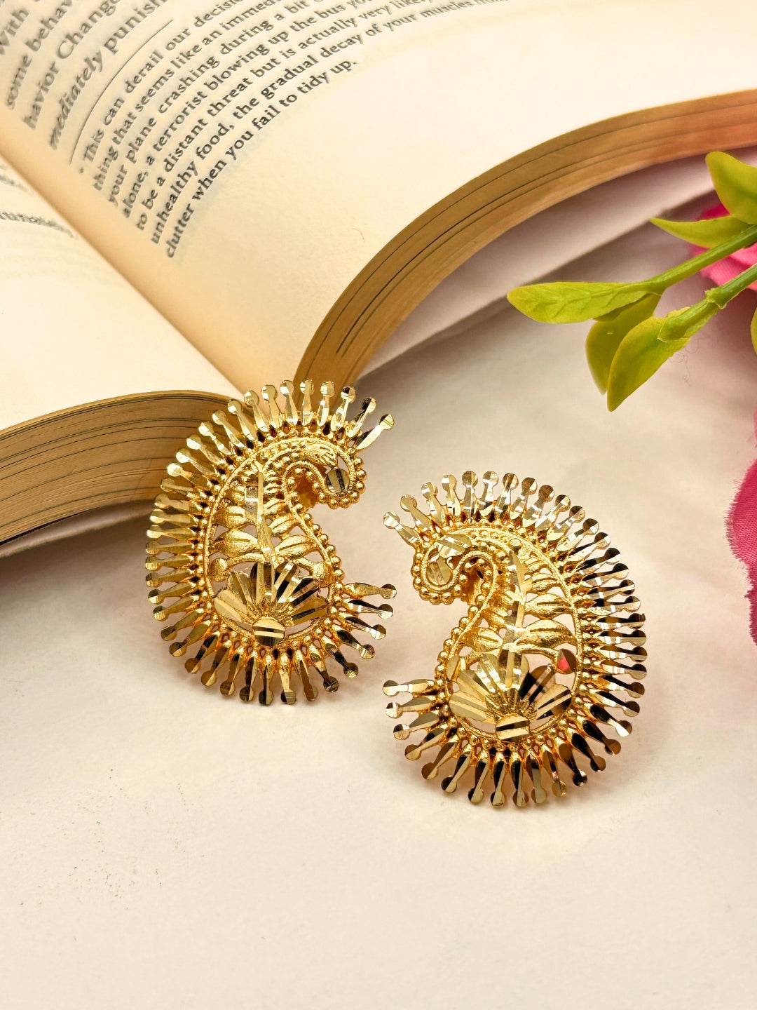 Gold-Plated Peacock Design Statement Stud Earrings