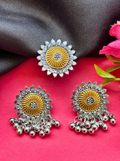 Women Oxidised Silver-Plated Mustard Yellow Floral Earrings & Statement Ring Set