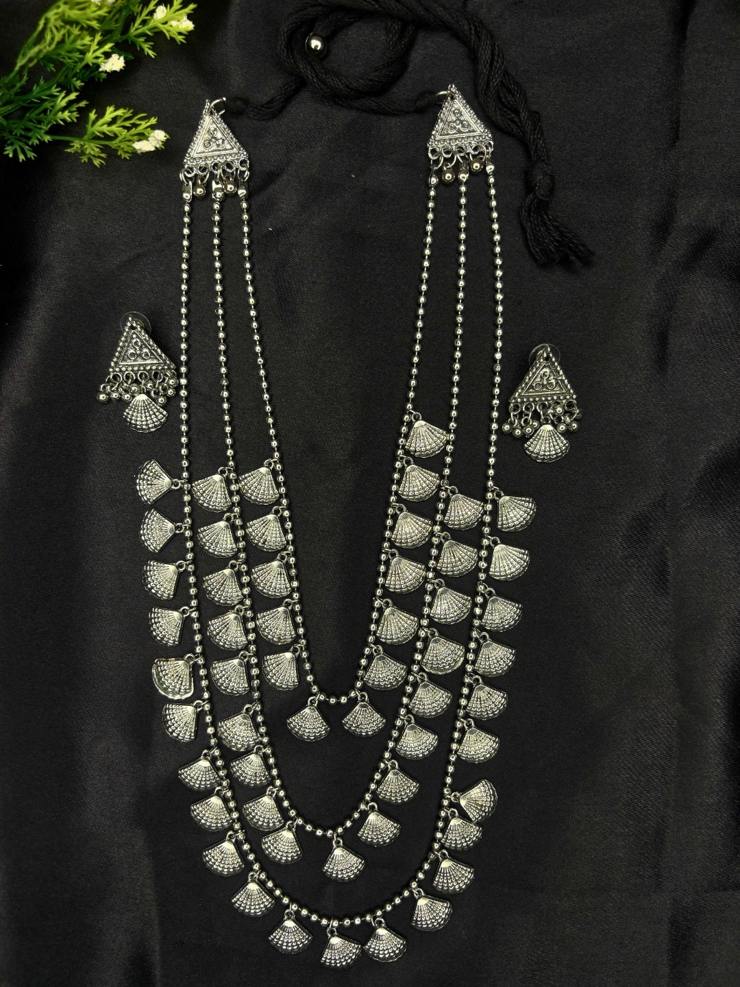 Oxidised Silver-Plated Layered Shell Charm Long Necklace Jewellery Set