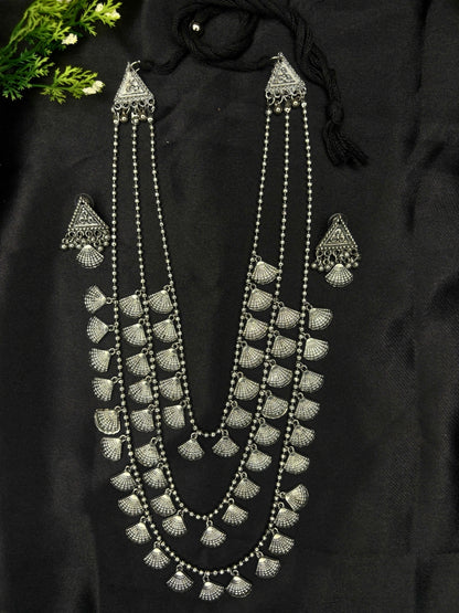 Oxidised Silver-Plated Layered Shell Charm Long Necklace Jewellery Set
