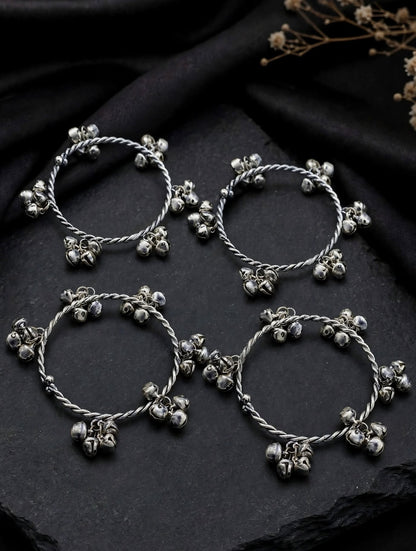Set of 4 Silver-Plated Oxidised Kashmiri Ghungroo Bangle