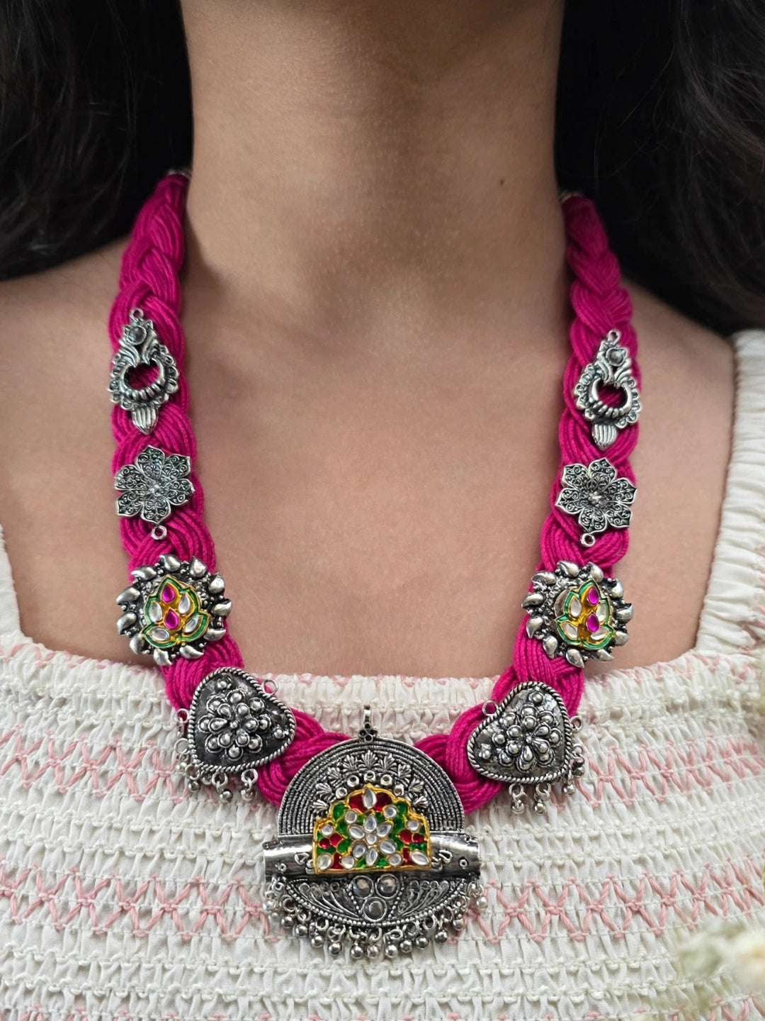 German Silver Magenta Braided Thread Oxidised Silver Statement Necklace