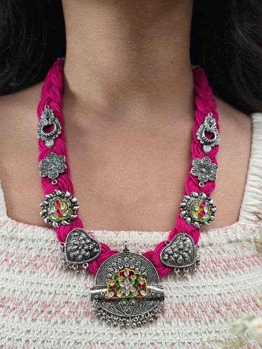 German Silver Magenta Braided Thread Oxidised Silver Statement Necklace