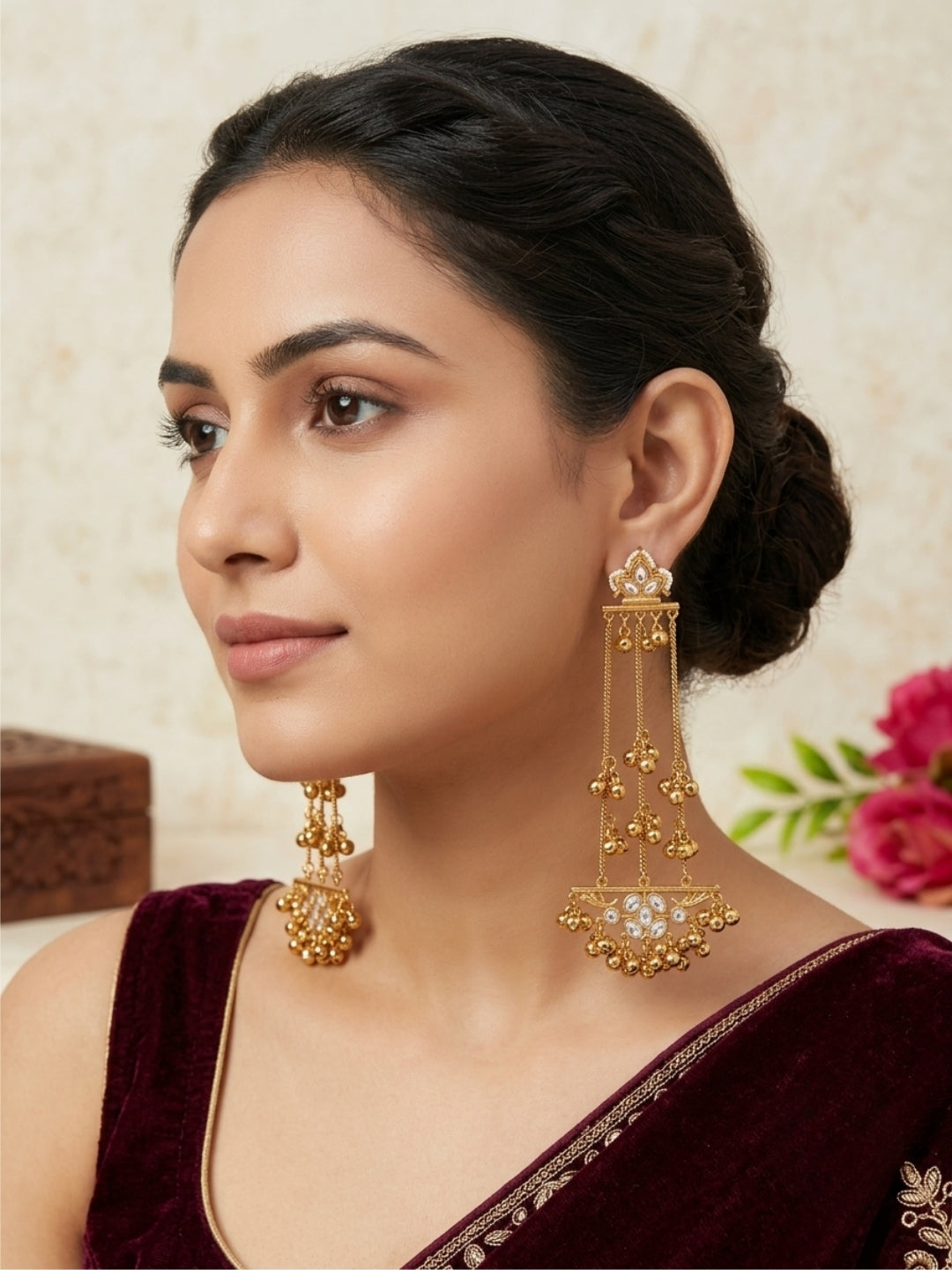 Gold-Plated White Stone Ghungroo Chain Dangler Statement Earrings