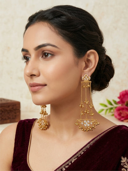 Gold-Plated White Stone Ghungroo Chain Dangler Statement Earrings