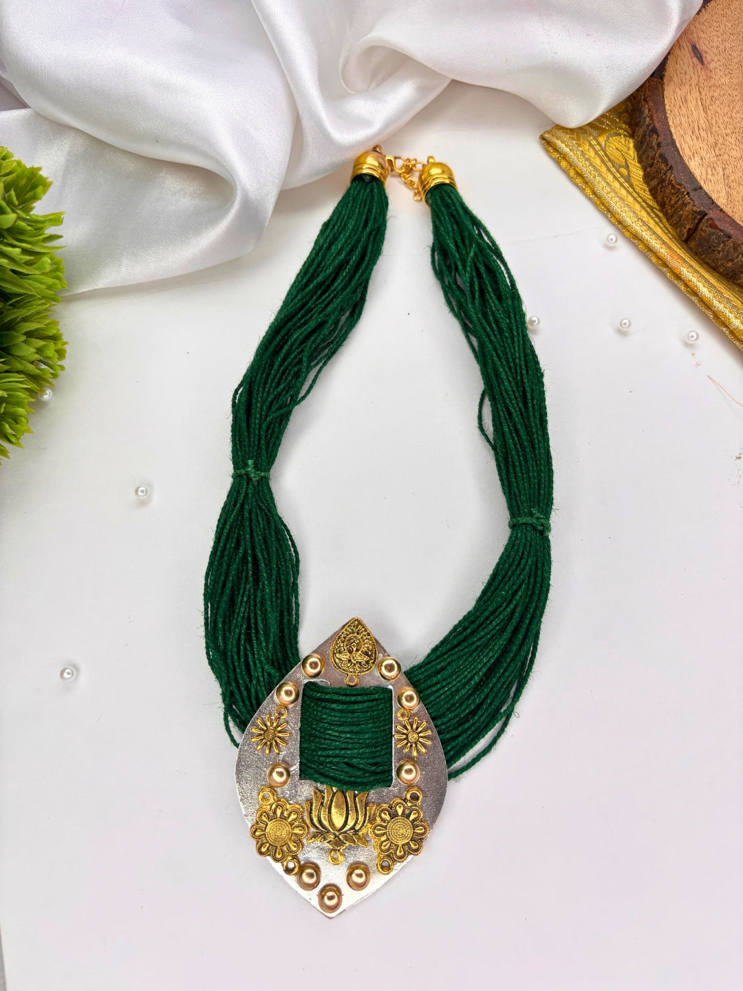 Gold-Plated Oxidised Statement Green Thread Jute Necklace