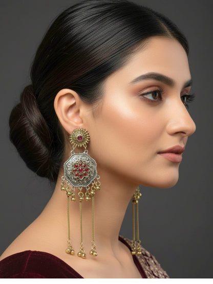 Oxidised Dual Tone Long Earrings