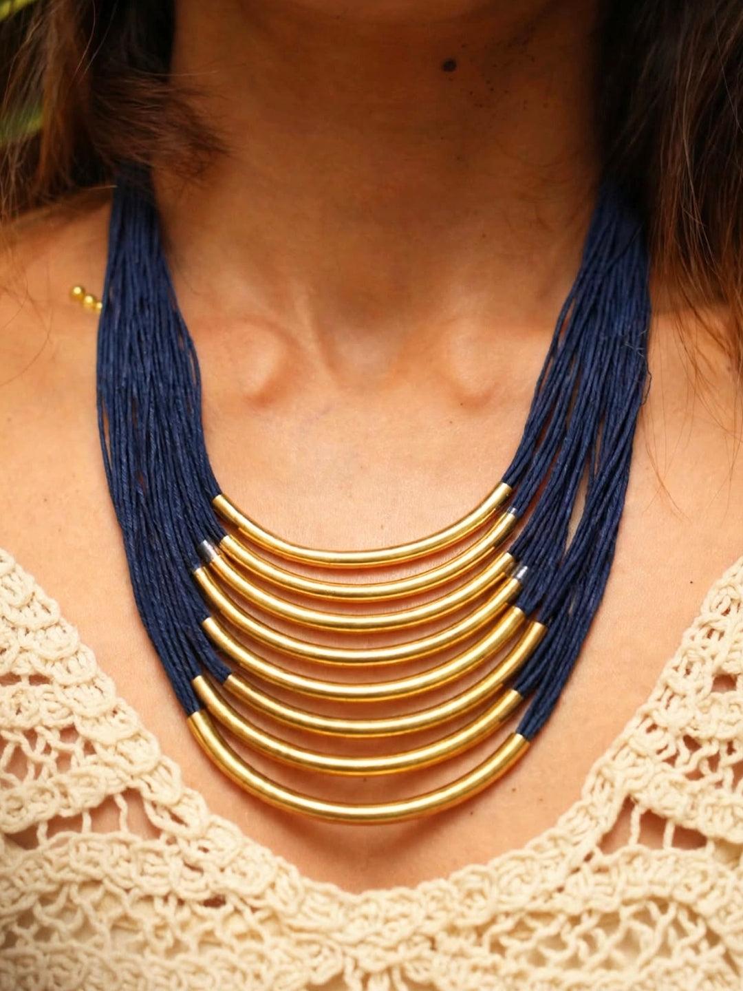Gold-Plated Oxidised Statement Blue Thread Layered Jute Necklace