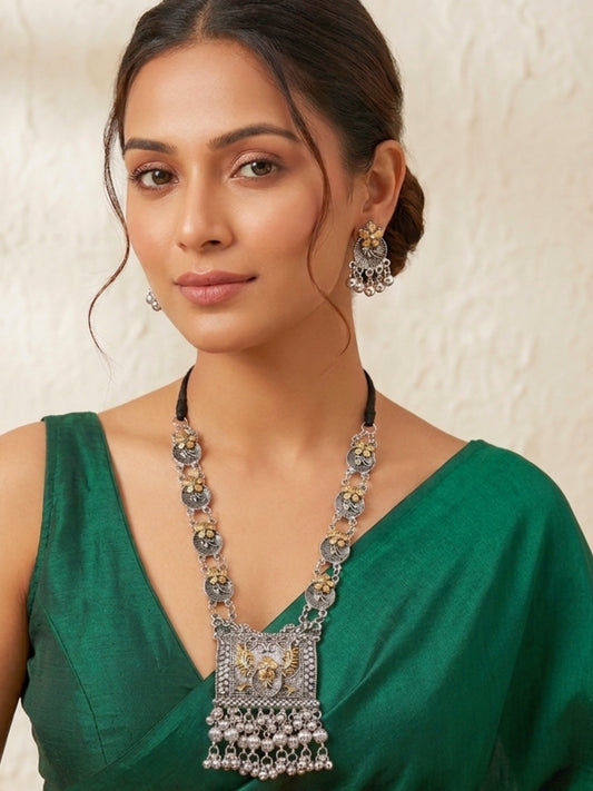 Silver-Plated Dual-Tone Textured Long Necklace Jewellery Set