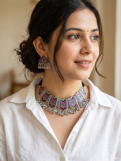 Oxidised Silver-Plated Multicolour Tribal Choker Jewellery Necklace Set