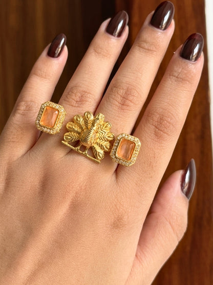 Gold-Plated Green AD stones Studded & Peacock shaped Adjustable Statement Finger Ring