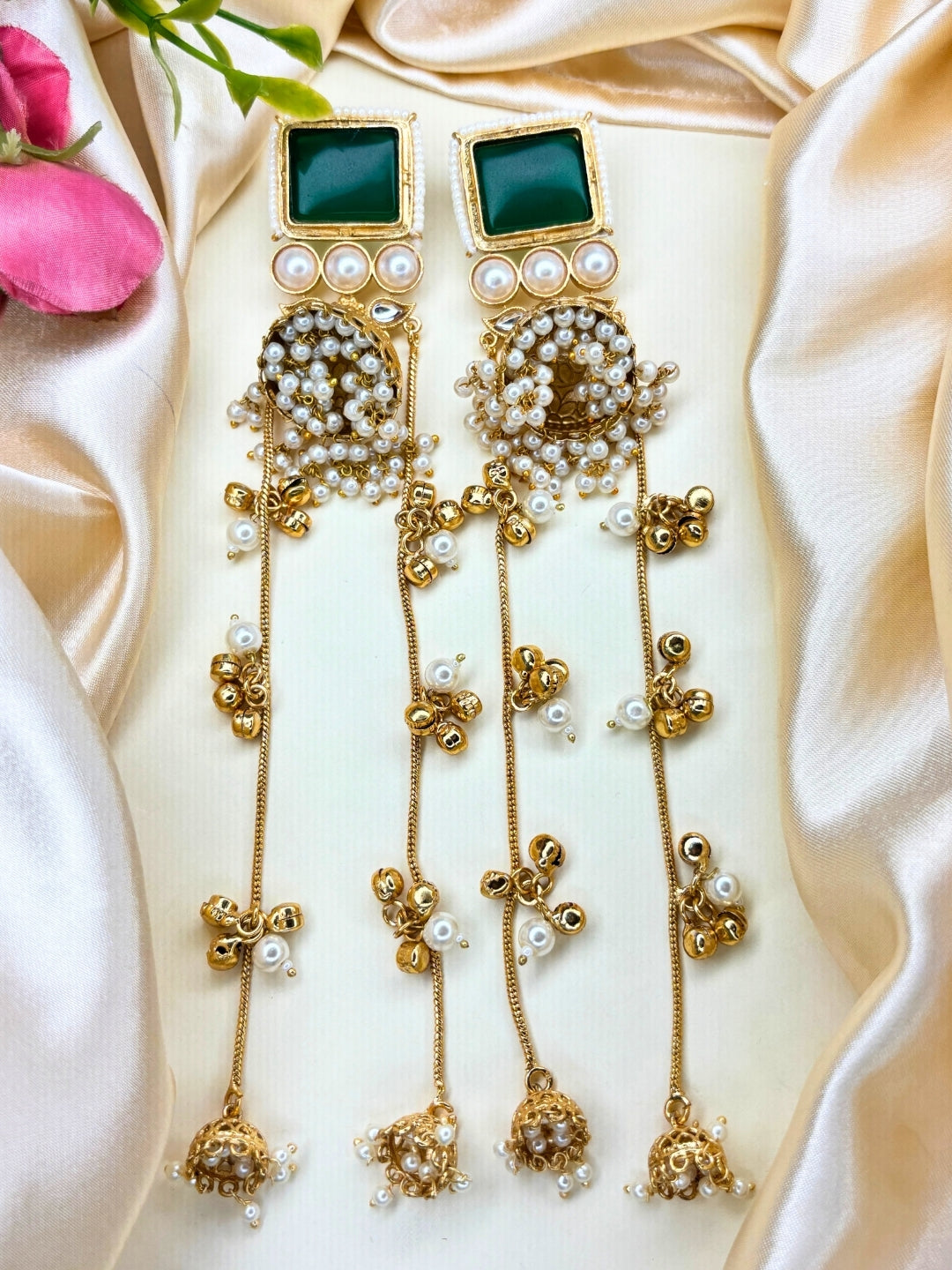 Gold-Plated Red Kundan Stone Long  Kashmiri Drop Earrings