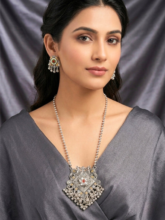 Women Oxidised Silver-Plated Square Pendant Necklace set