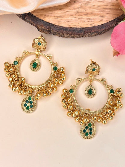 Gold-Plated Green Kundan Ghungroo Statement Earrings