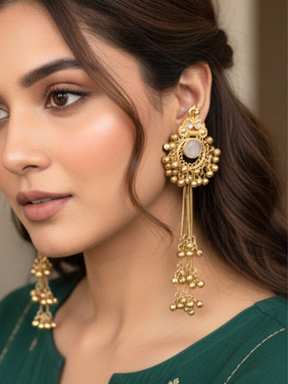 Gold-Plated Kundan & Ghungaroo Beaded Kashmiri Drop Earrings