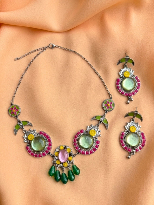 Women Oxidised Silver-Plated Multicolor Stone Statement Necklace & Earrings Set