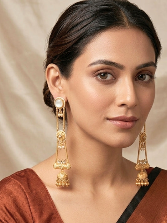 Gold-Plated Pearl Studded Kundan Long Chain Kashmiri Jhumka Earrings