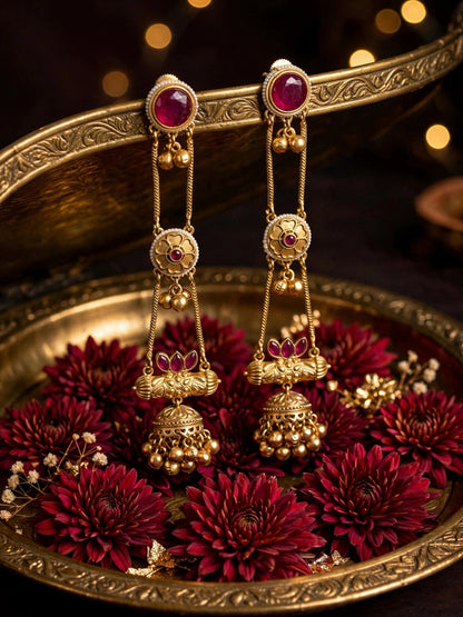 Gold-Plated Red Kundan Stone Studded Long Chain Kashmiri Jhumka Earrings