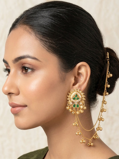 Women Gold-Plated Kundan Studded Earrings with Hair Chain